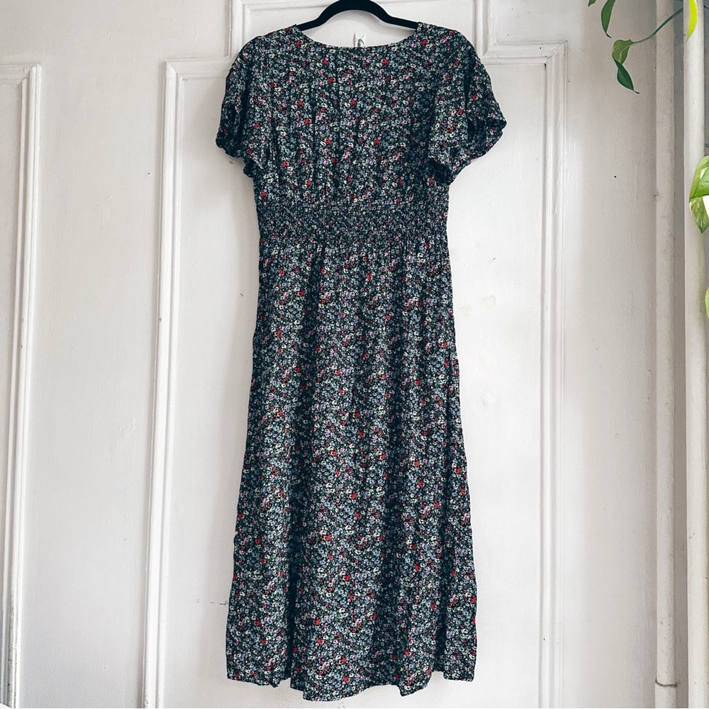 The Loft Floral Black midi Dress small stretchy comfy retro vintage style v neck - Picture 7 of 8